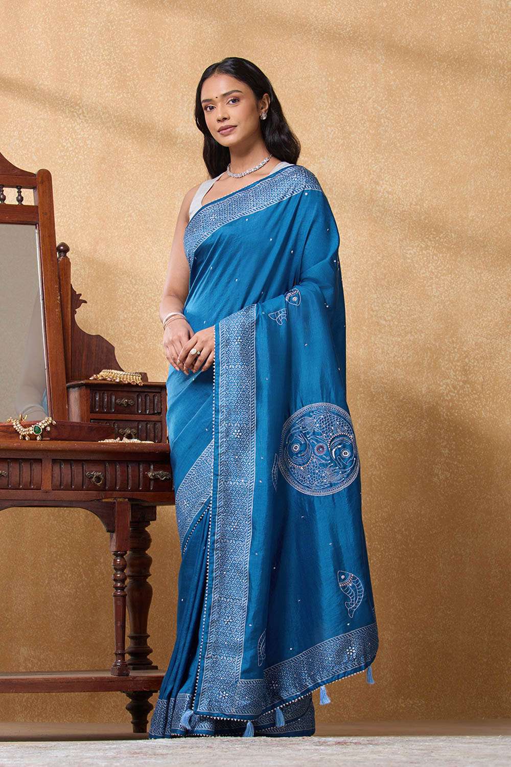 Blue Pure Silk Printed Embroidery Saree image number null