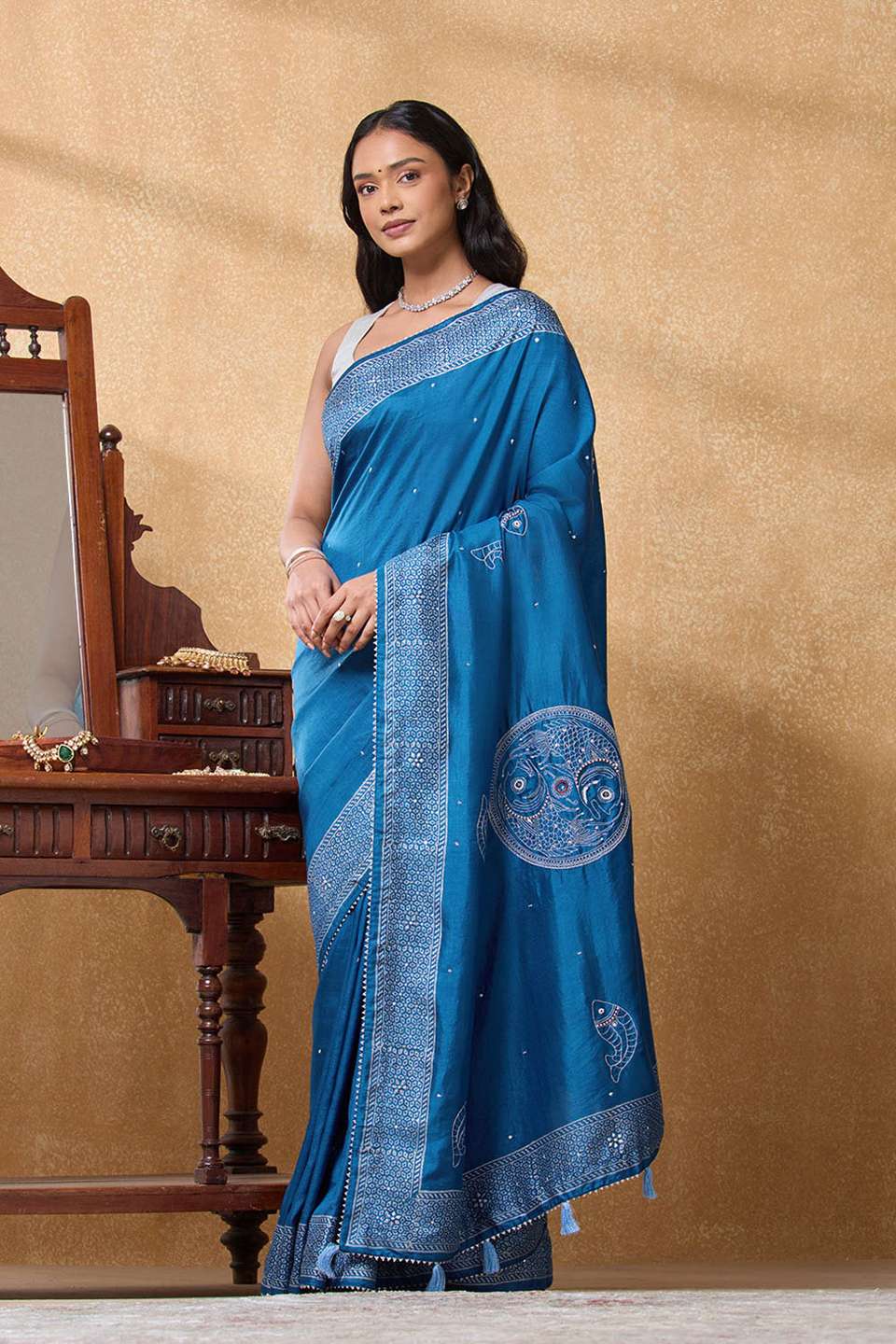Blue Pure Silk Printed Embroidery Saree