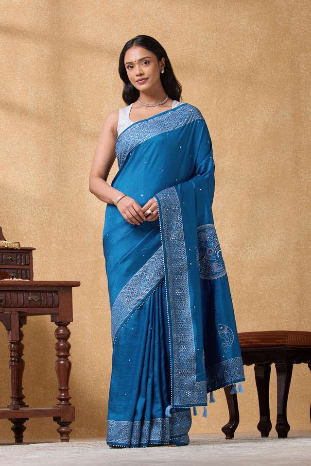 Blue Pure Silk Printed Embroidery Saree thumbnail image number null