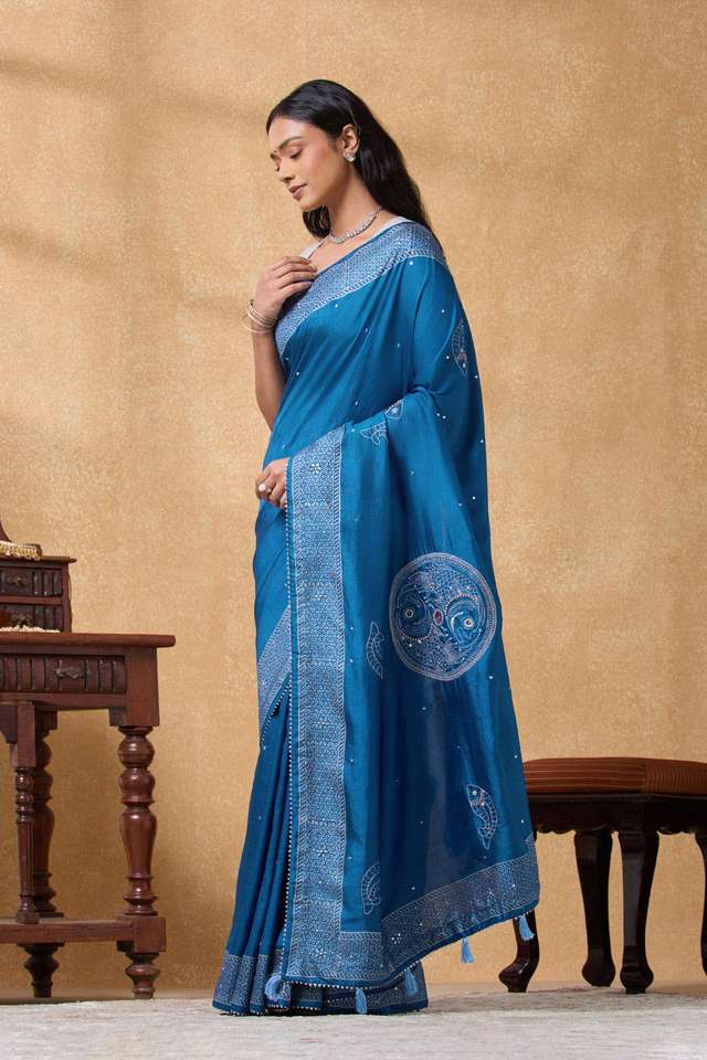 Blue Pure Silk Printed Embroidery Saree thumbnail image number null