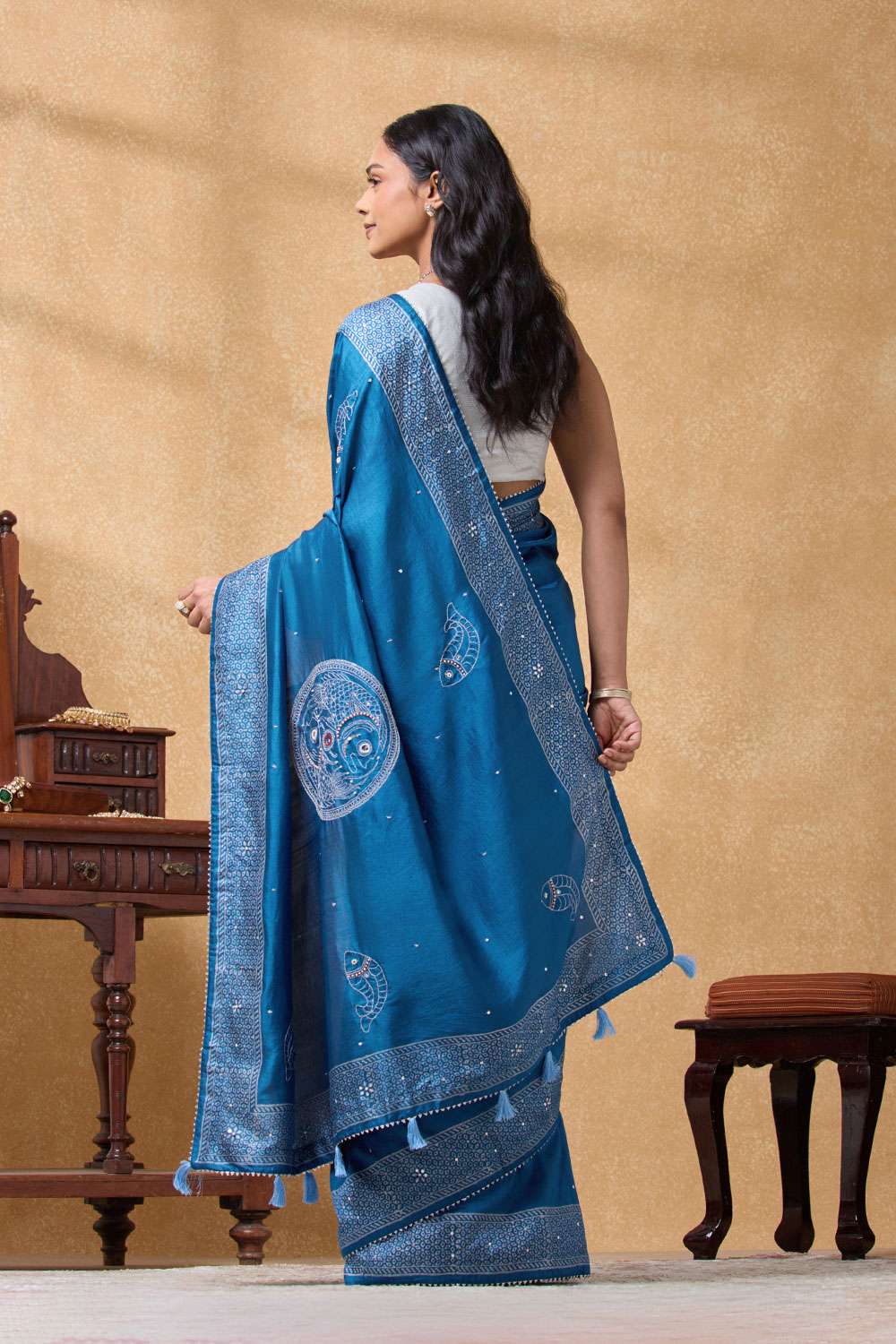 Blue Pure Silk Printed Embroidery Saree image number null