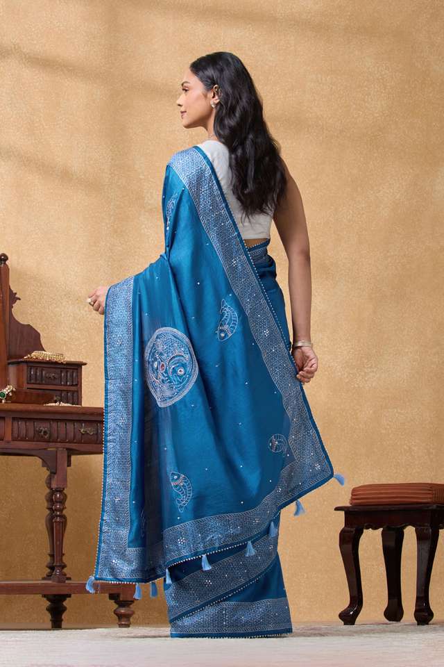 Blue Pure Silk Printed Embroidery Saree thumbnail image number null