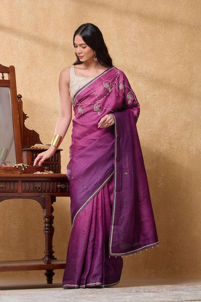 Purple Pure Tussar Silk Embroidered Saree image number