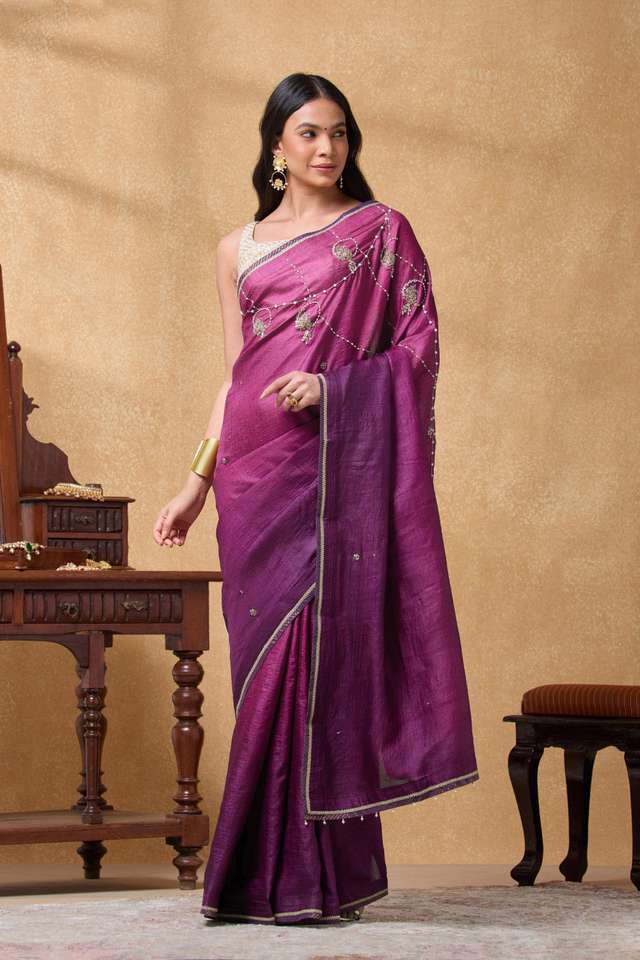 Purple Pure Tussar Silk Embroidered Saree thumbnail image number null
