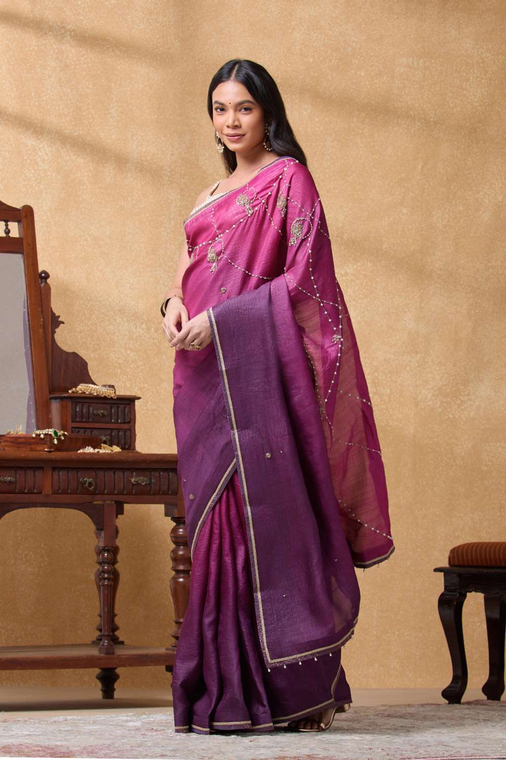 Purple Pure Tussar Silk Embroidered Saree image number null