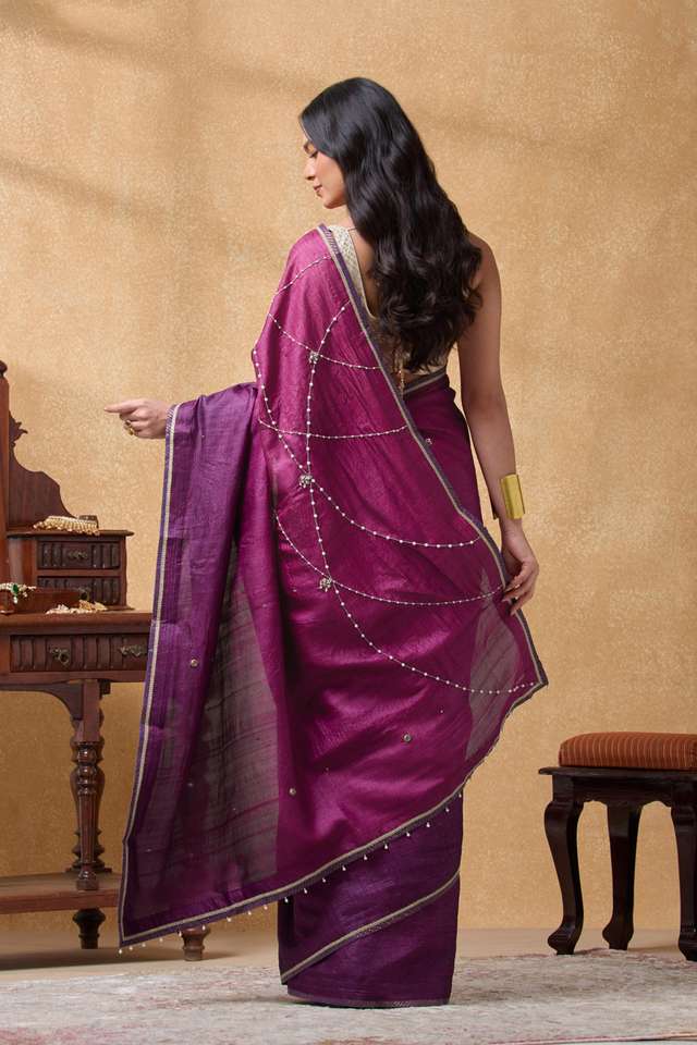 Purple Pure Tussar Silk Embroidered Saree thumbnail image number null