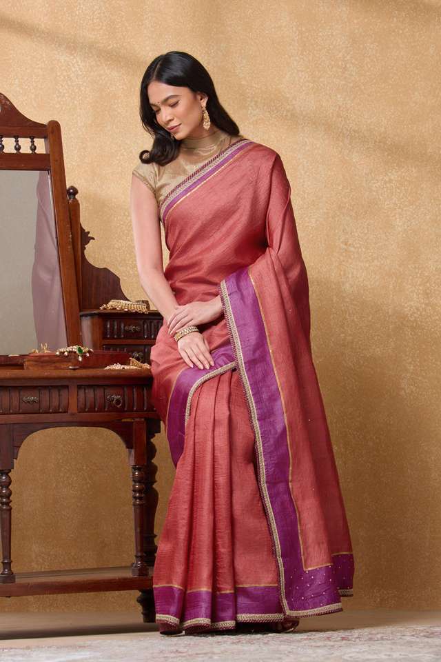 Red Pure Tussar Silk Embroidered Saree image number