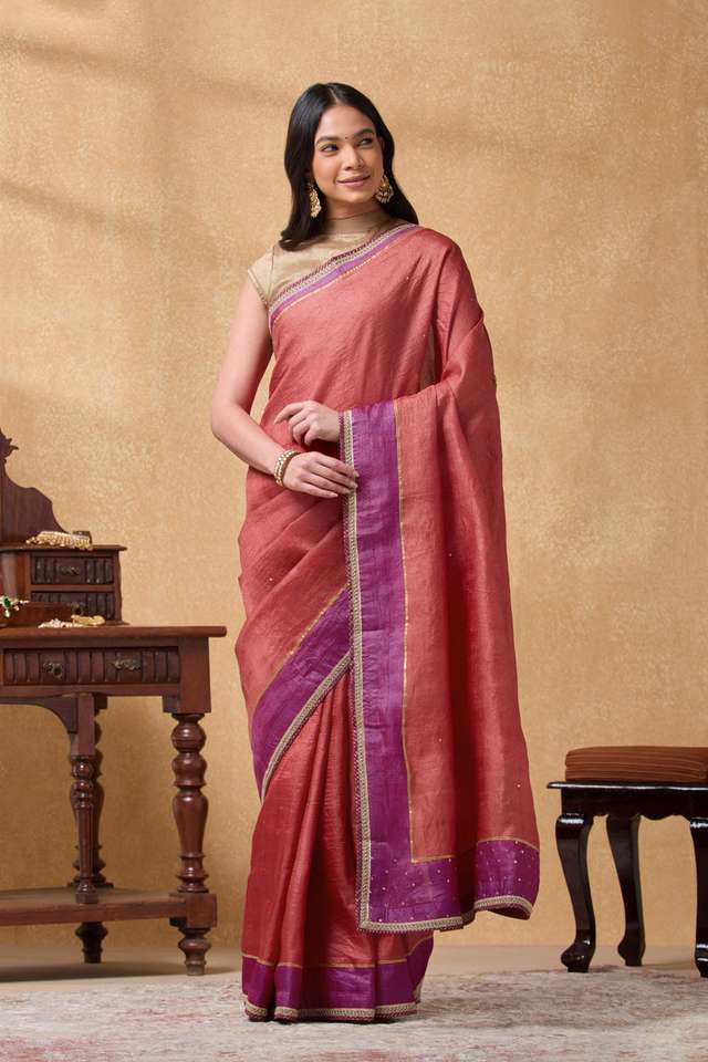 Red Pure Tussar Silk Embroidered Saree thumbnail image number null