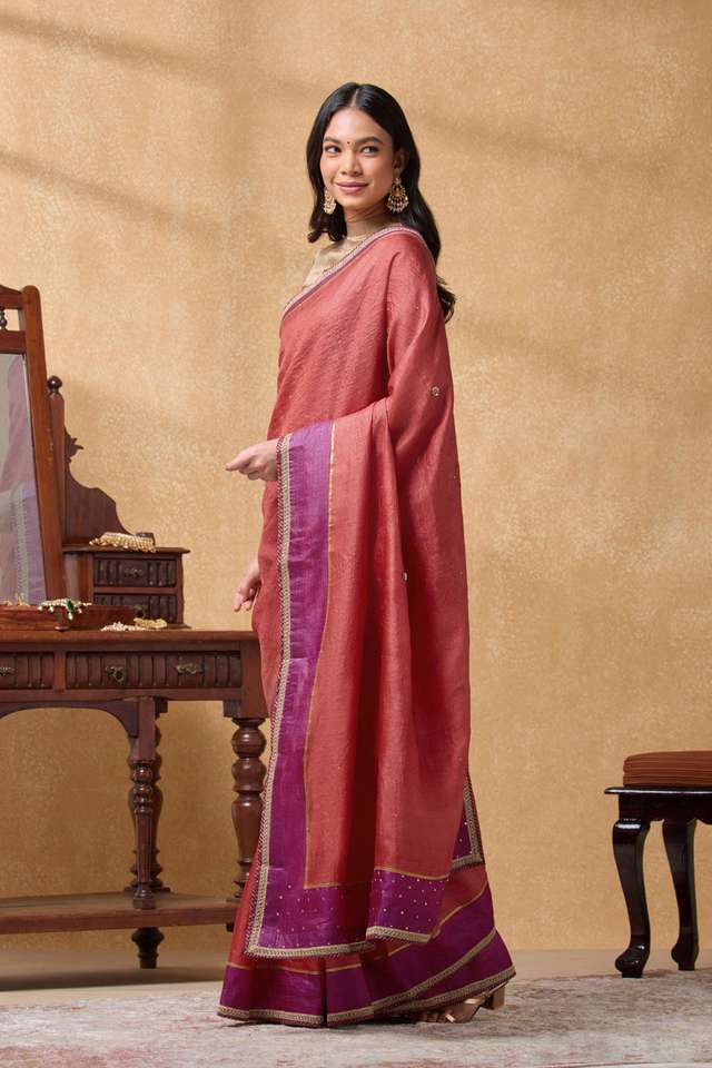Red Pure Tussar Silk Embroidered Saree thumbnail image number null