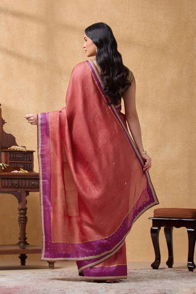 Red Pure Tussar Silk Embroidered Saree thumbnail image number null