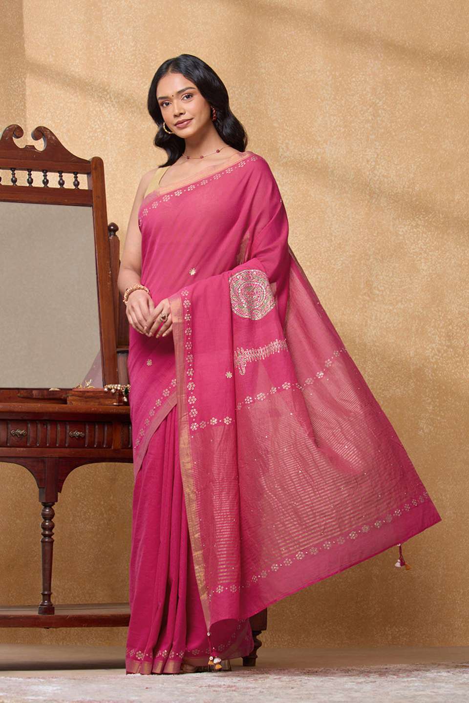 Pink Pure Cotton Printed Embroidery Saree