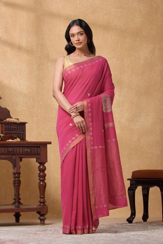 Pink Pure Cotton Printed Embroidery Saree thumbnail image number null