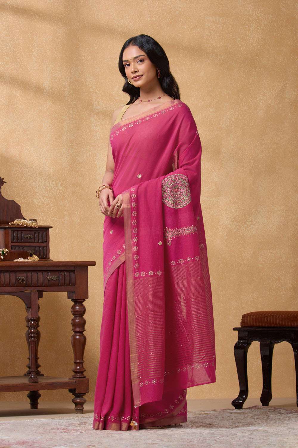 Pink Pure Cotton Printed Embroidery Saree image number null