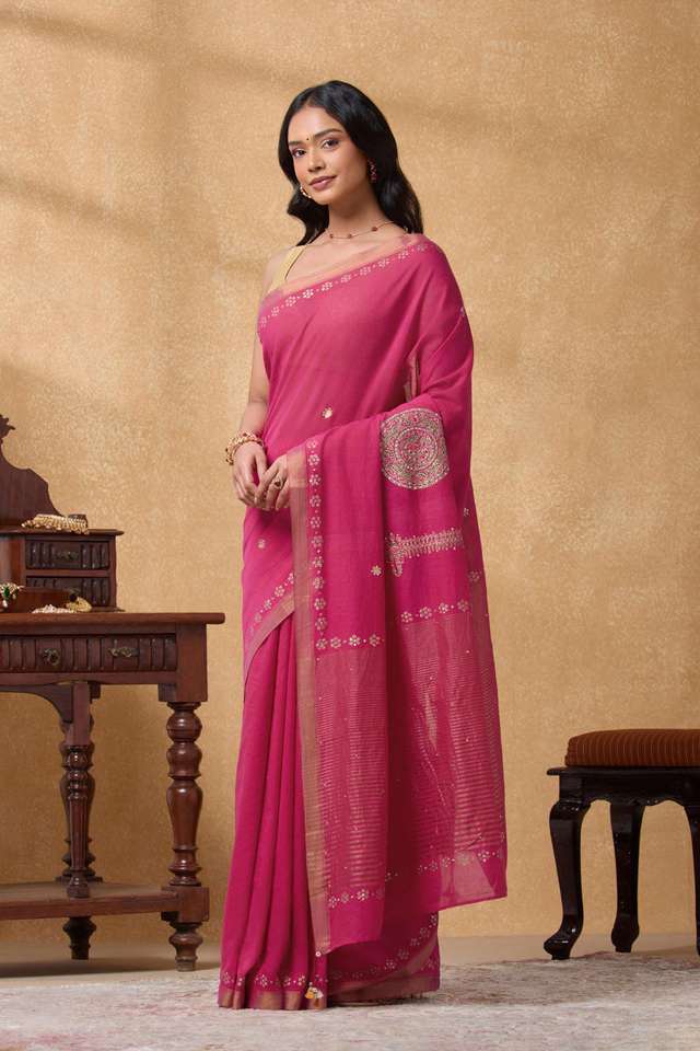 Pink Pure Cotton Printed Embroidery Saree thumbnail image number null