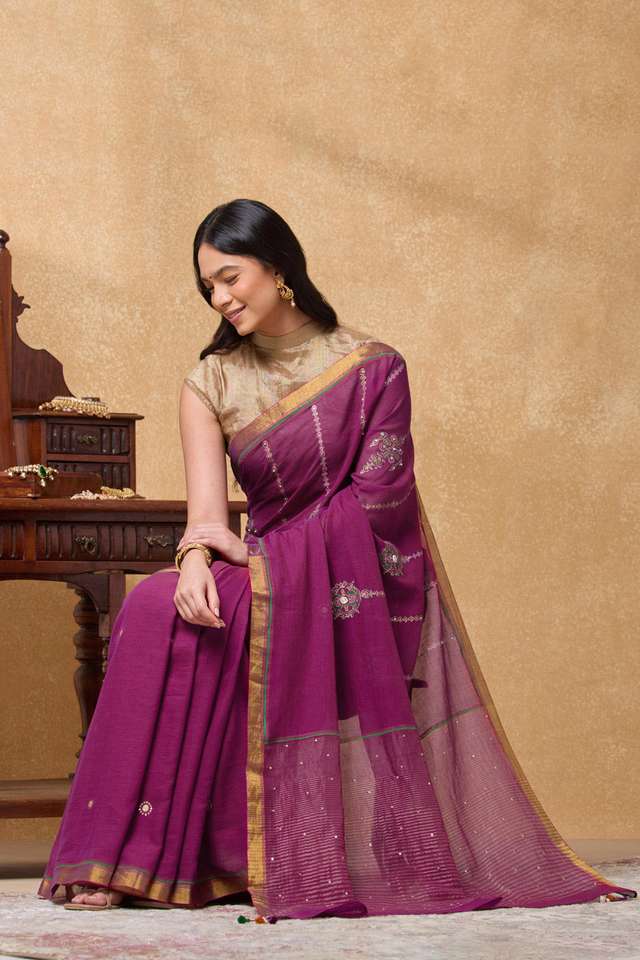 Purple Pure Cotton Printed Embroidery Saree image number