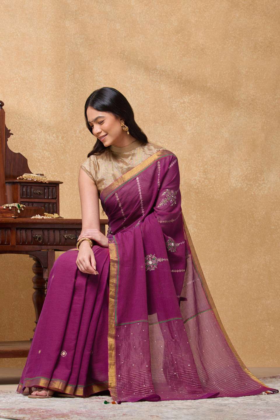 Purple Pure Cotton Printed Embroidery Saree