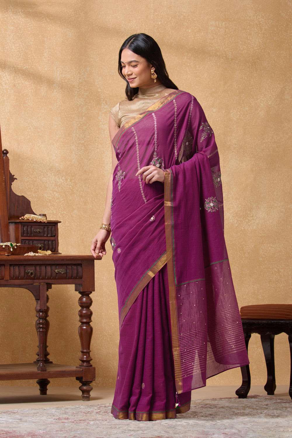 Purple Pure Cotton Printed Embroidery Saree image number null
