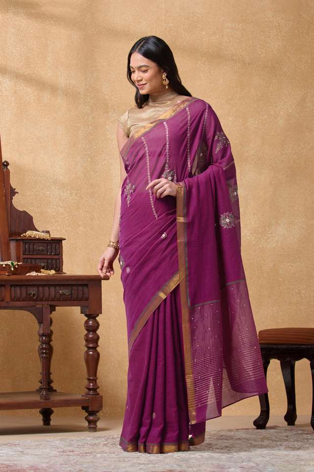 Purple Pure Cotton Printed Embroidery Saree thumbnail image number null