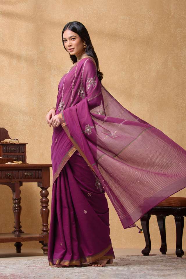 Purple Pure Cotton Printed Embroidery Saree thumbnail image number null