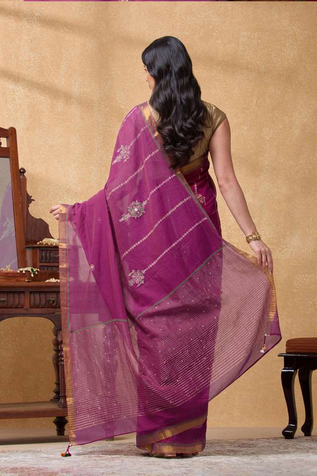 Purple Pure Cotton Printed Embroidery Saree thumbnail image number null