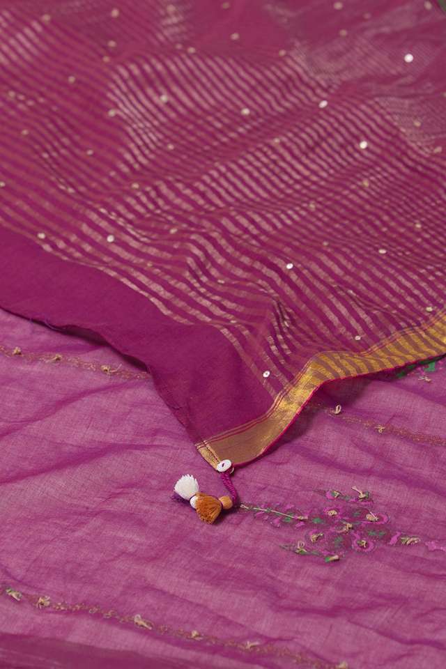 Purple Pure Cotton Printed Embroidery Saree thumbnail image number null