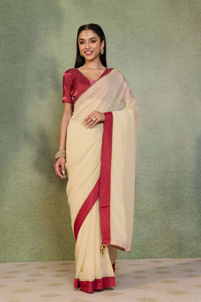 Off White Woven Viscose Organza Saree thumbnail image number null