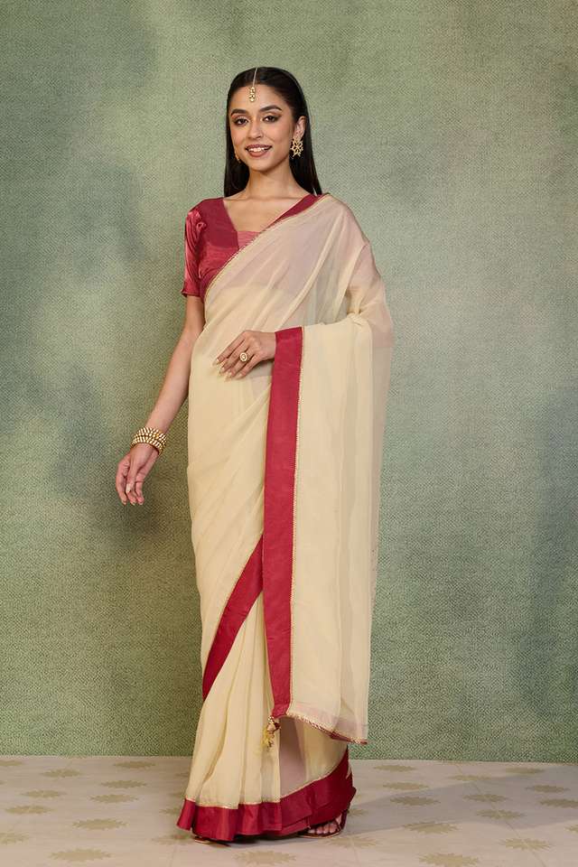 Off White Woven Viscose Organza Saree thumbnail image number null