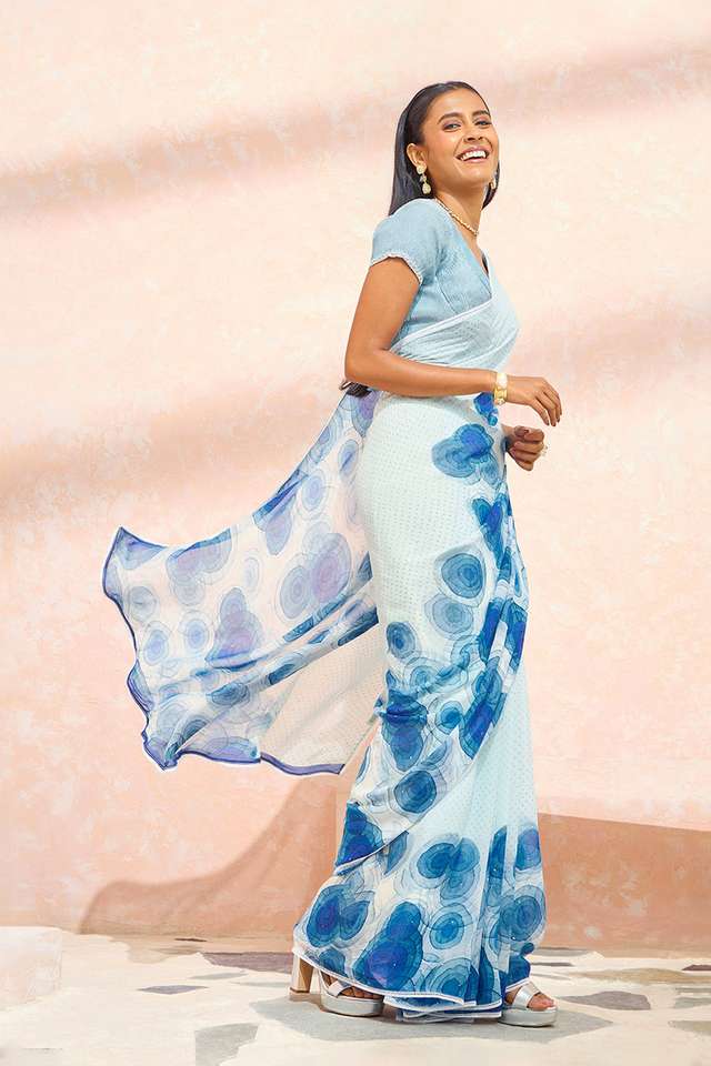 Blue Printed Viscose Georgette Saree image number