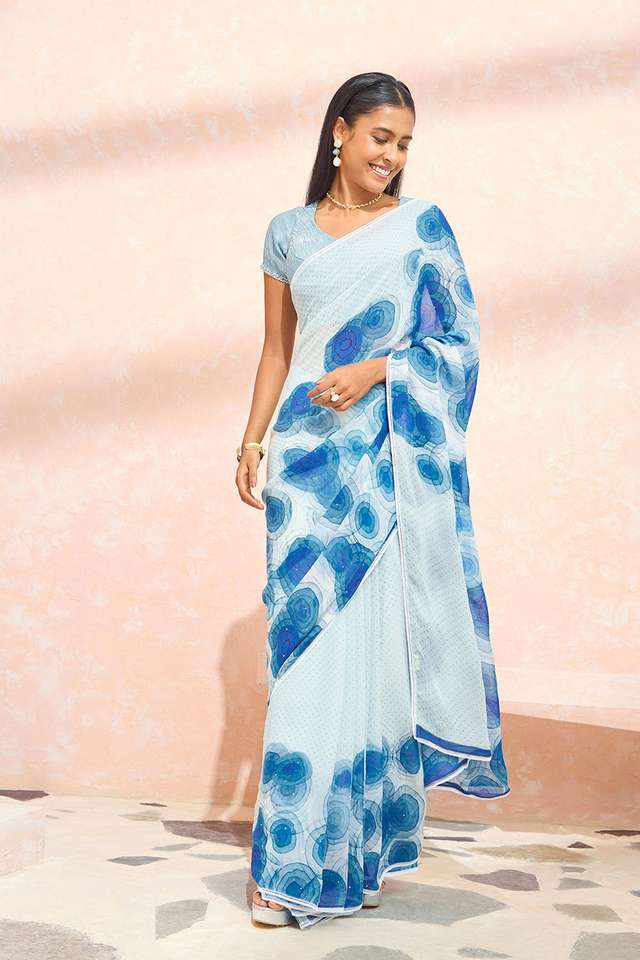 Blue Printed Viscose Georgette Saree thumbnail image number null
