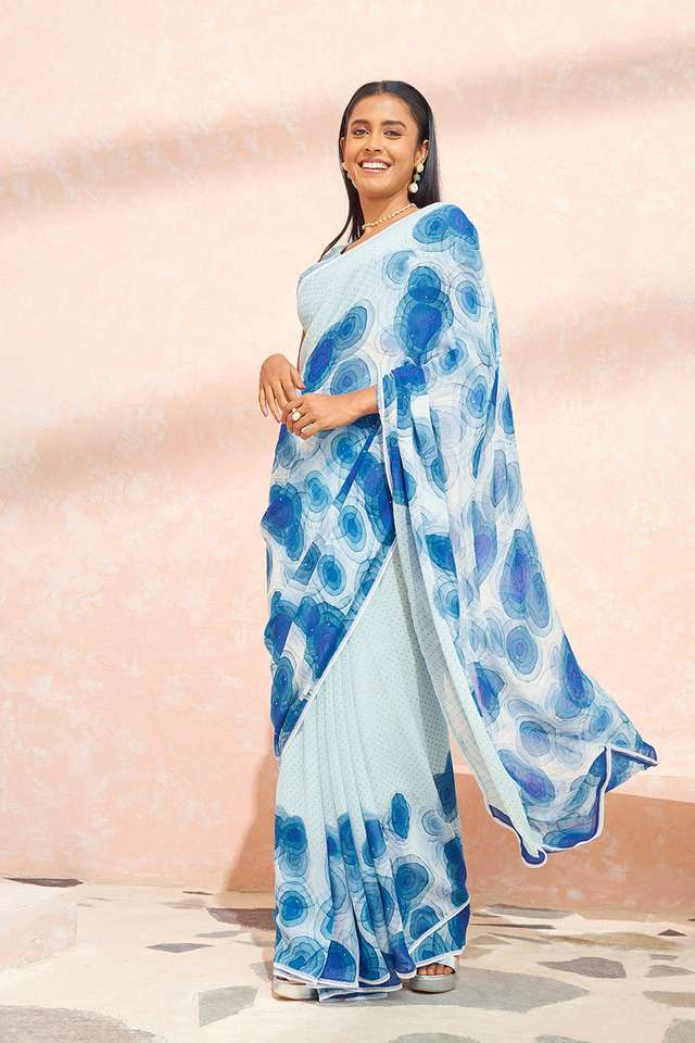 Blue Printed Viscose Georgette Saree thumbnail image number null