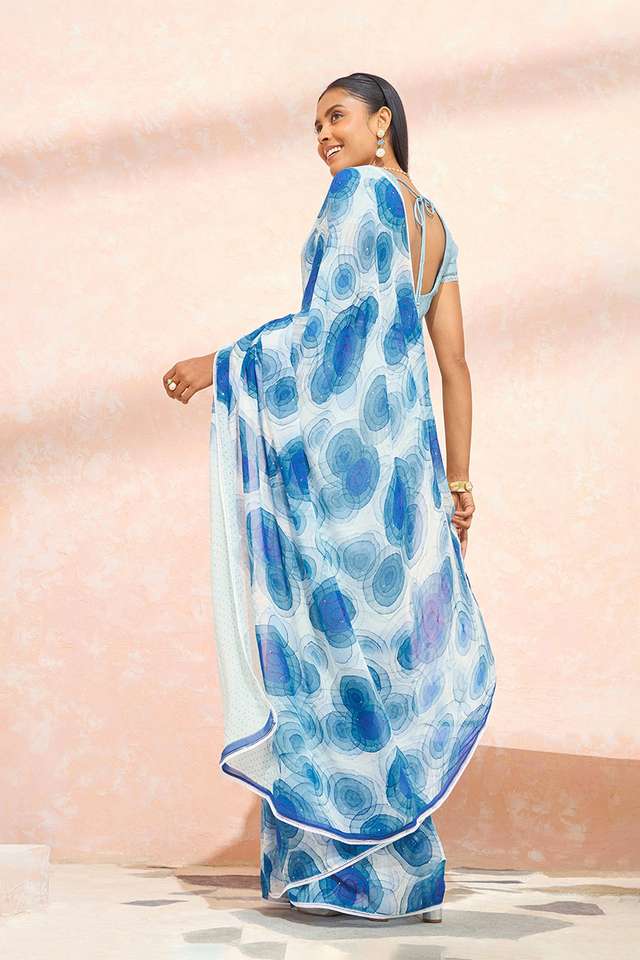Blue Printed Viscose Georgette Saree thumbnail image number null