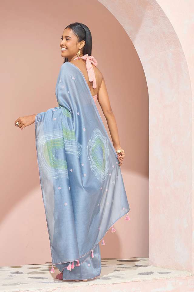 Light Blue Hand Painted Pure Silk Cotton Saree thumbnail image number null