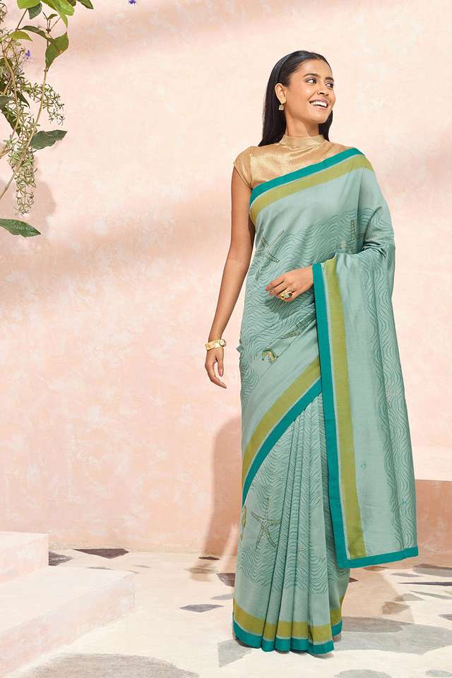 Blue Block Printed Pure Silk Cotton Saree image number