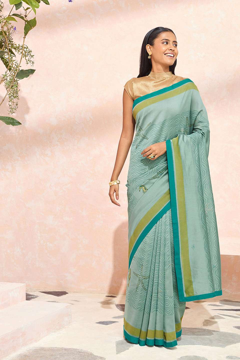 Blue Block Printed Pure Silk Cotton Saree