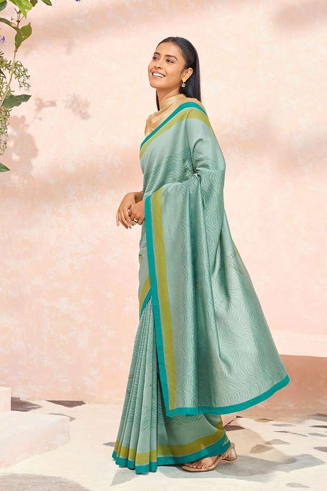 Blue Block Printed Pure Silk Cotton Saree thumbnail image number null