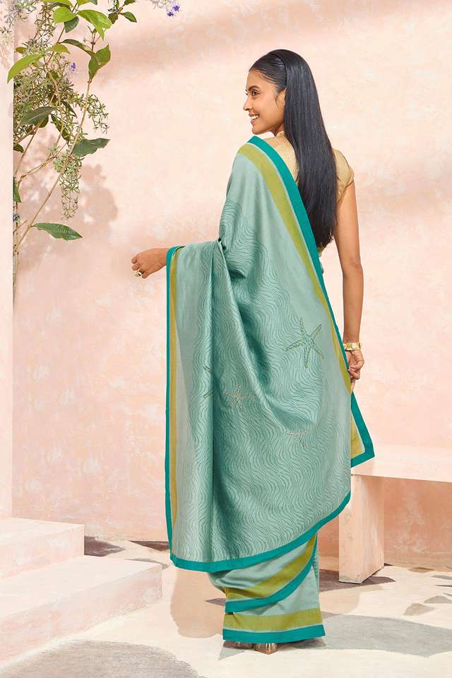 Blue Block Printed Pure Silk Cotton Saree thumbnail image number null