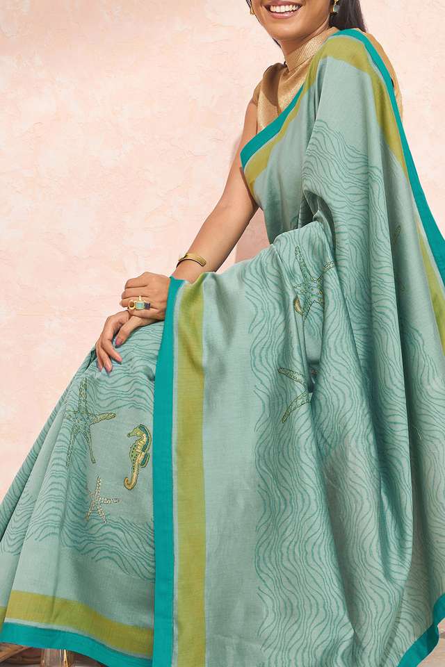 Blue Block Printed Pure Silk Cotton Saree thumbnail image number null
