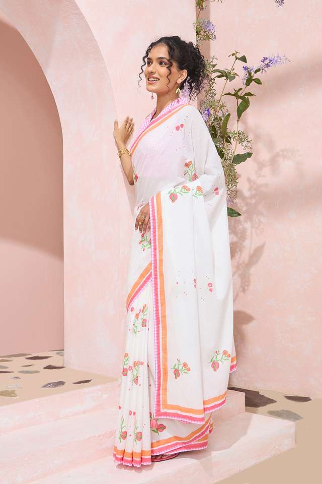 Off White Rajasthan Pure Cotton Printed Sanganeri Saree thumbnail image number null