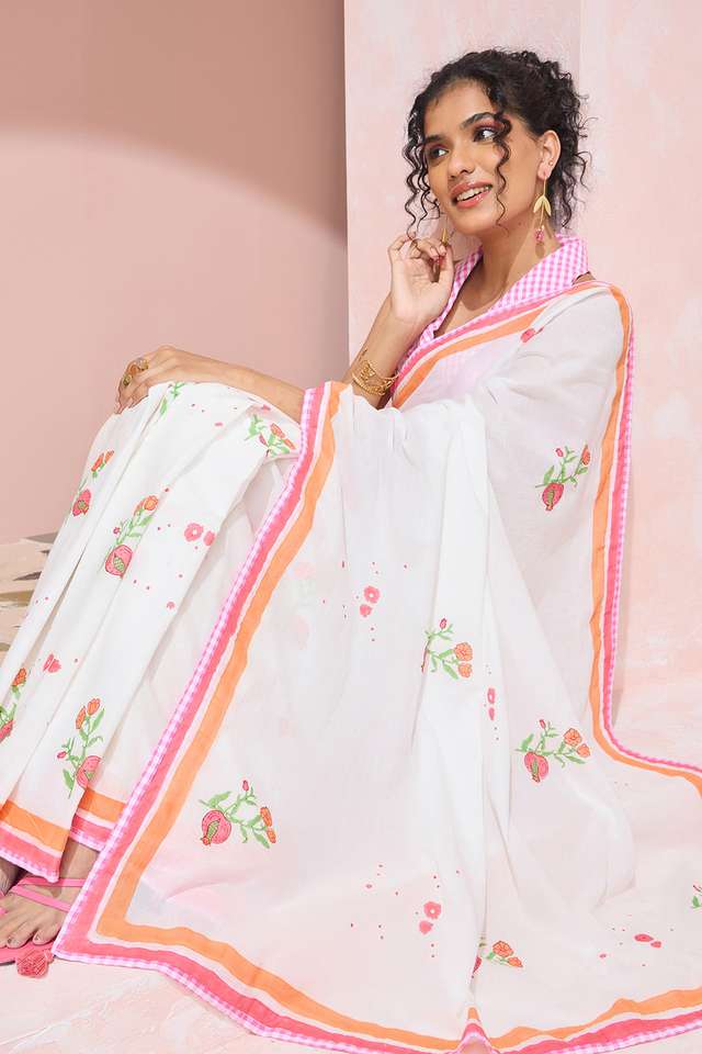 Off White Rajasthan Pure Cotton Printed Sanganeri Saree thumbnail image number null