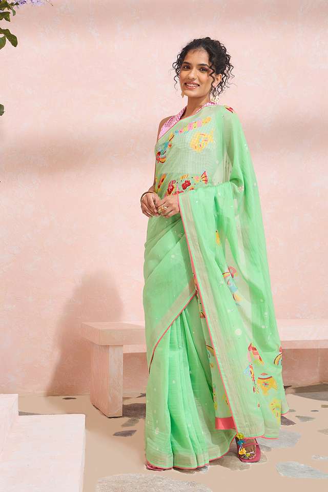 Green Pure Silk Cotton Printed Embroidery Saree thumbnail image number null