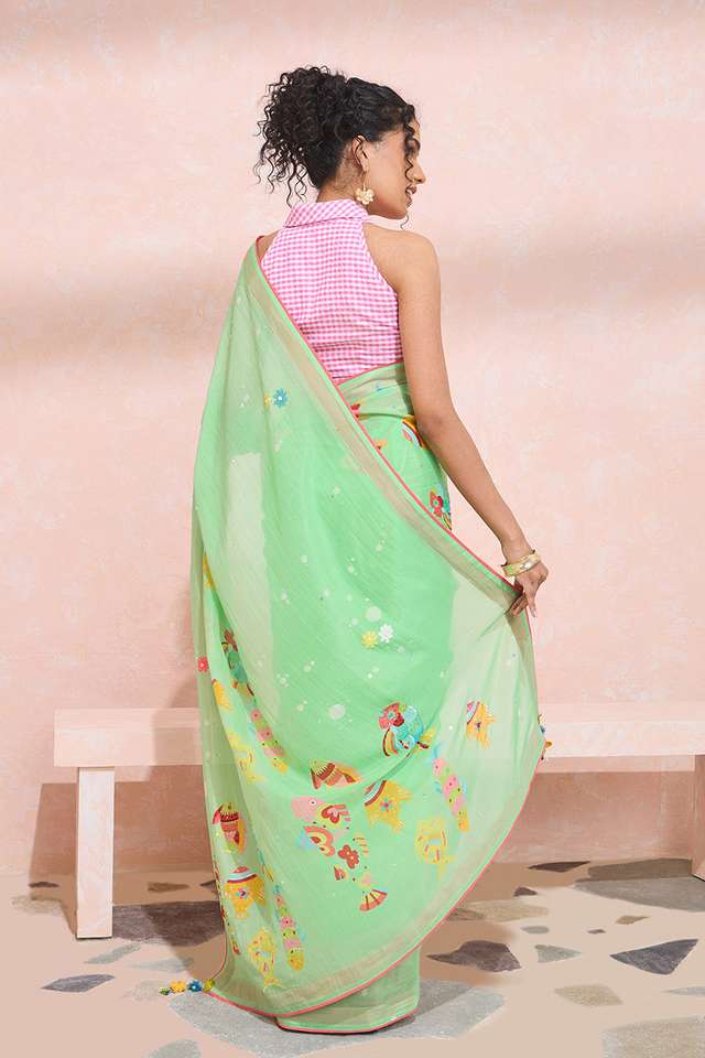 Green Pure Silk Cotton Printed Embroidery Saree thumbnail image number null