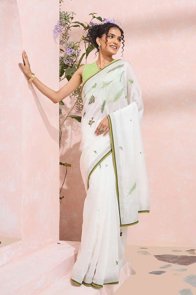 Off White Pure Silk Linen Embroidered Saree image number
