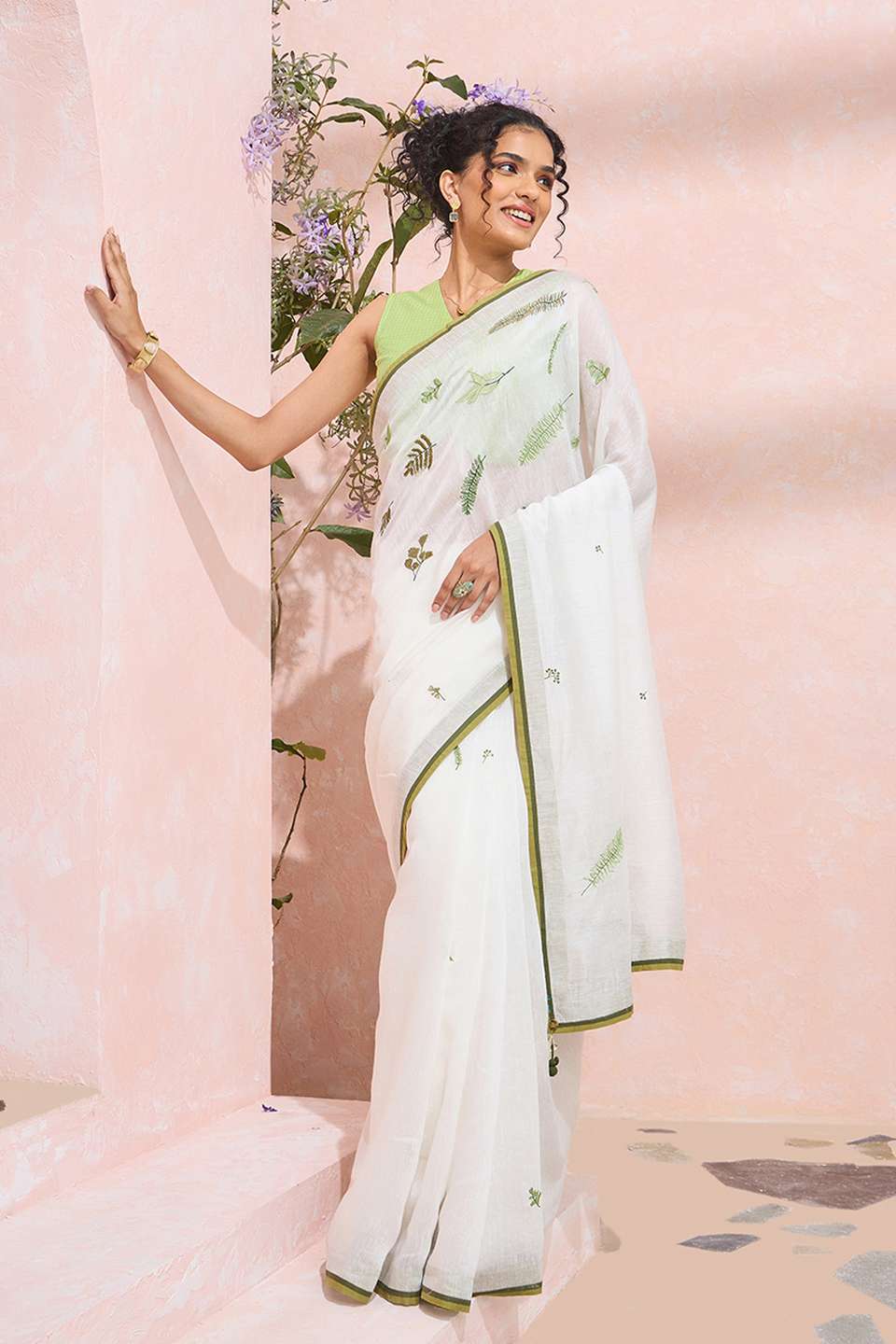 Off White Pure Silk Linen Embroidered Saree