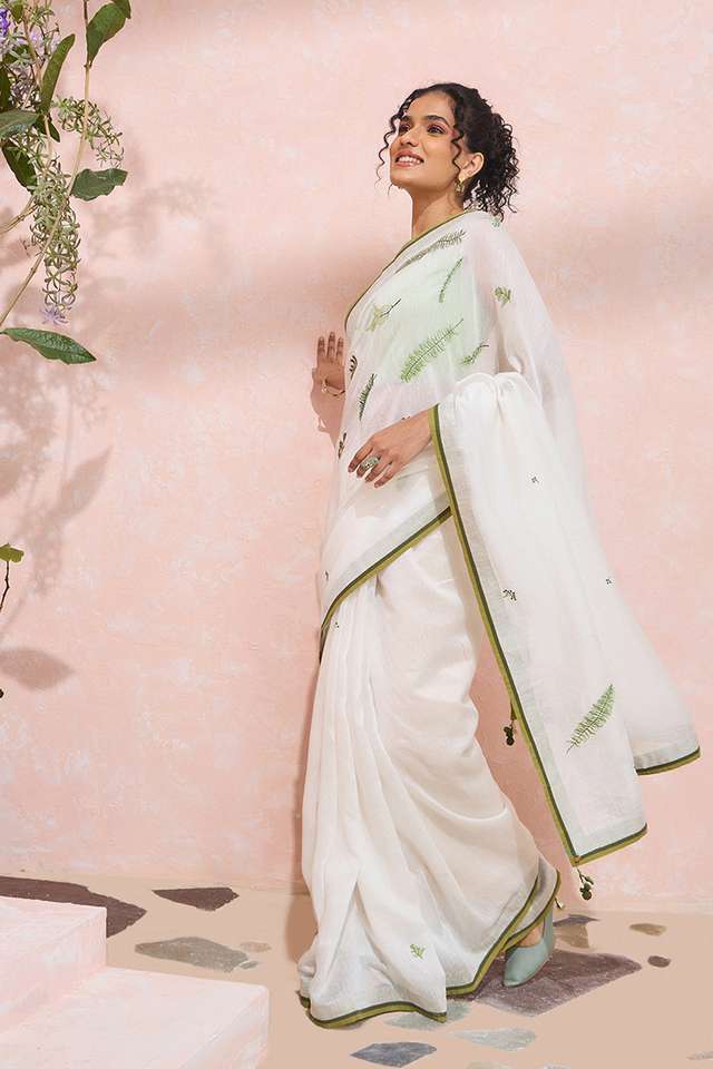 Off White Pure Silk Linen Embroidered Saree thumbnail image number null