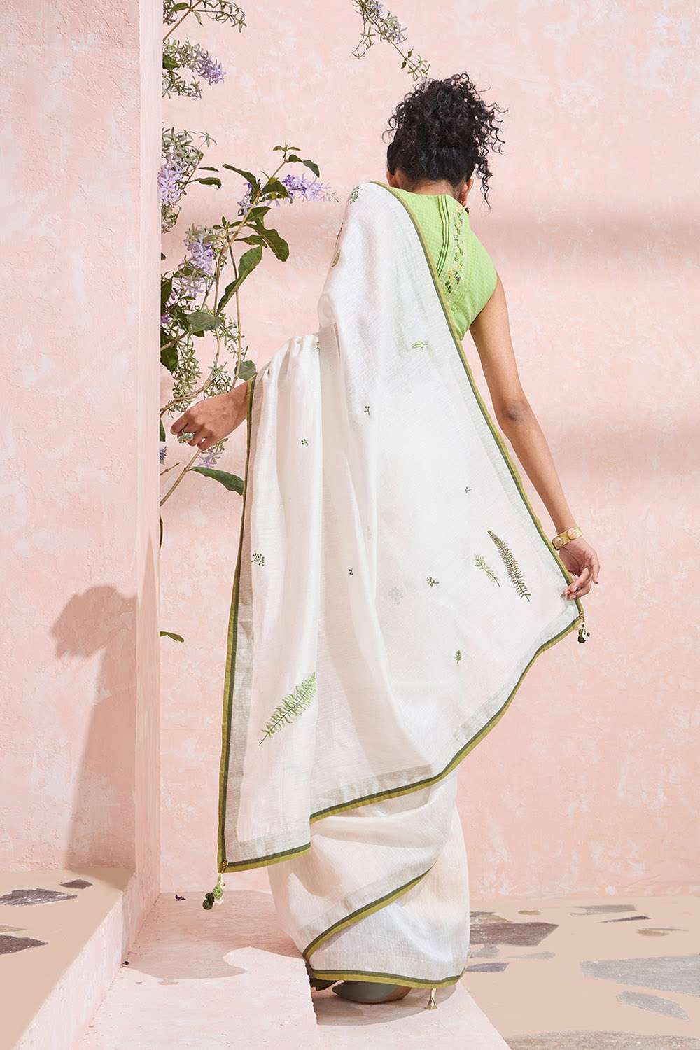 Off White Pure Silk Linen Embroidered Saree image number null