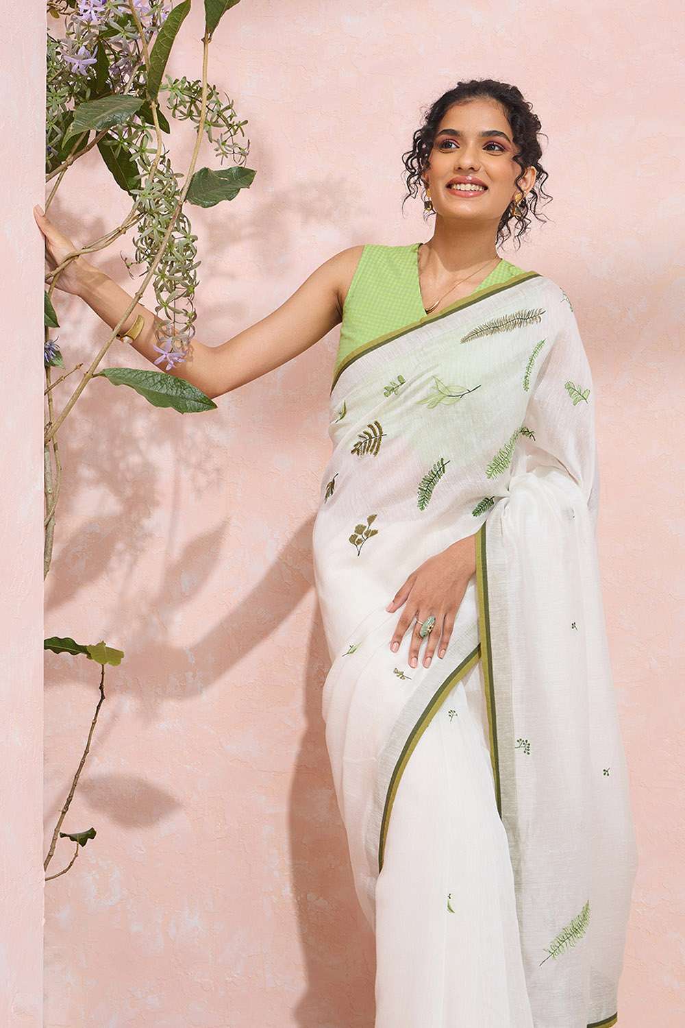 Off White Pure Silk Linen Embroidered Saree image number null