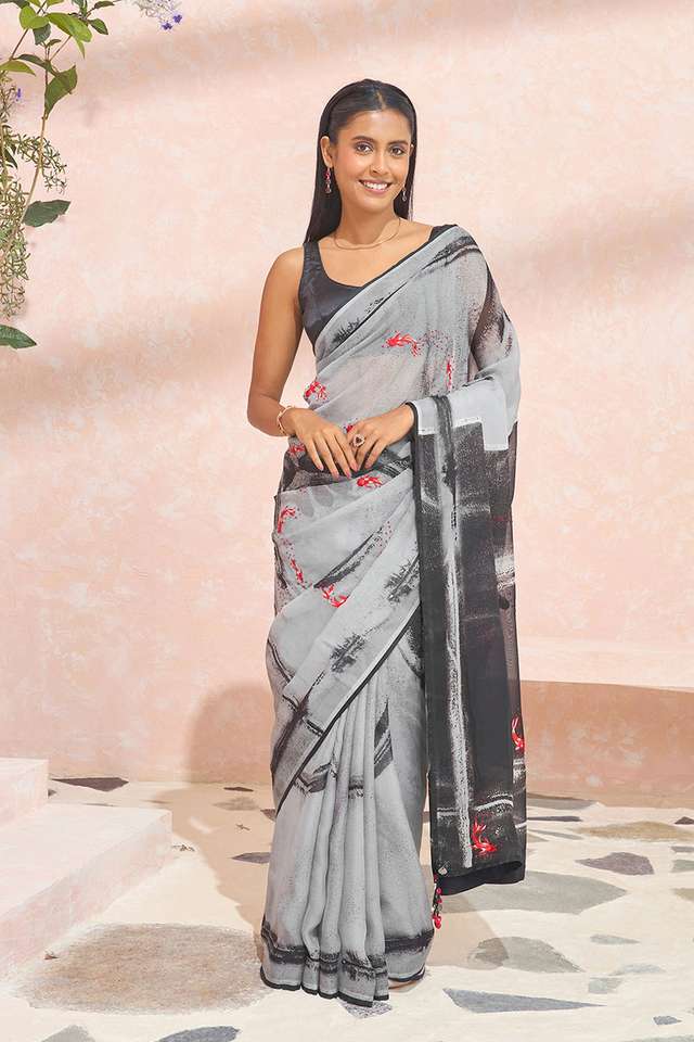 Grey Digital Printed Viscose Organza Saree thumbnail image number null