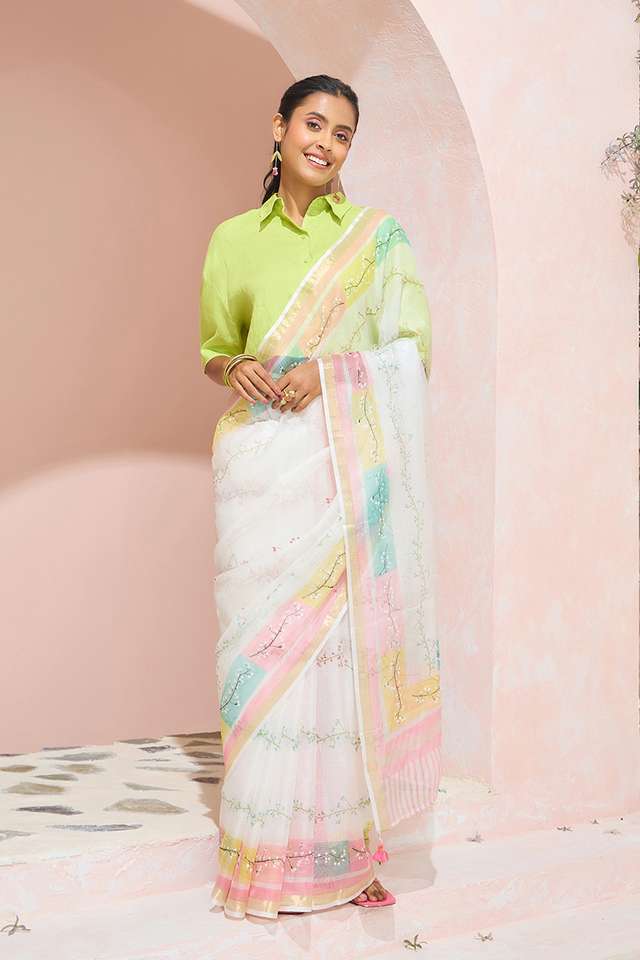 Off White Rajasthan Pure Silk Kota Printed Sanganeri Saree thumbnail image number null