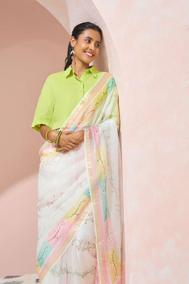 Off White Rajasthan Pure Silk Kota Printed Sanganeri Saree thumbnail image number null