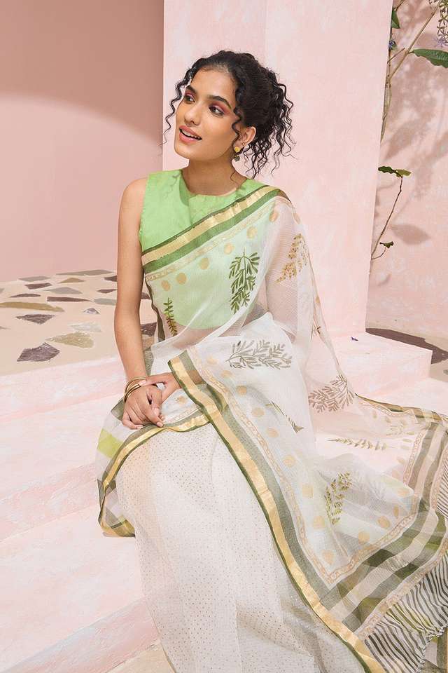 Off White Rajasthan Pure Silk Kota Printed Sanganeri Saree image number